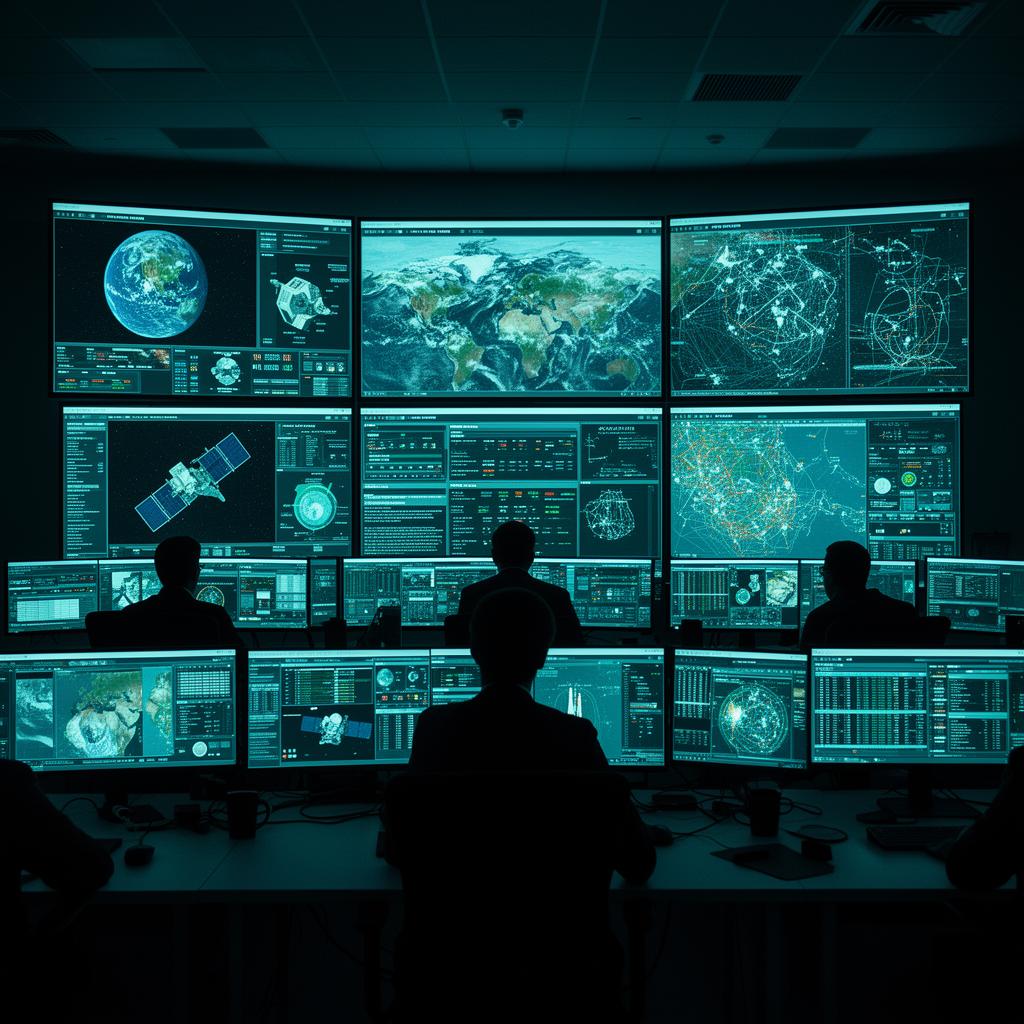 Aerospace control centre displaying satellite and surveillance data