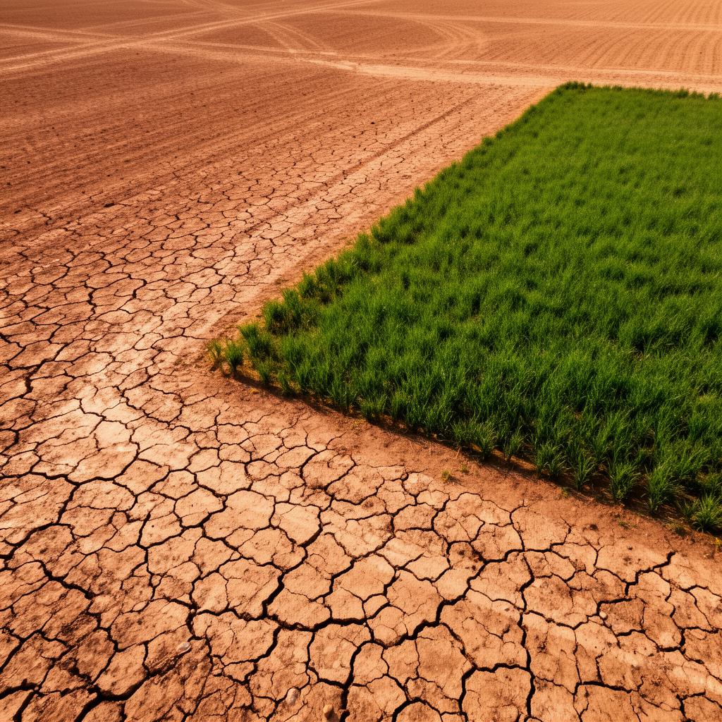 Terre agricole en proie à la sécheresse contrastant avec une parcelle irriguée