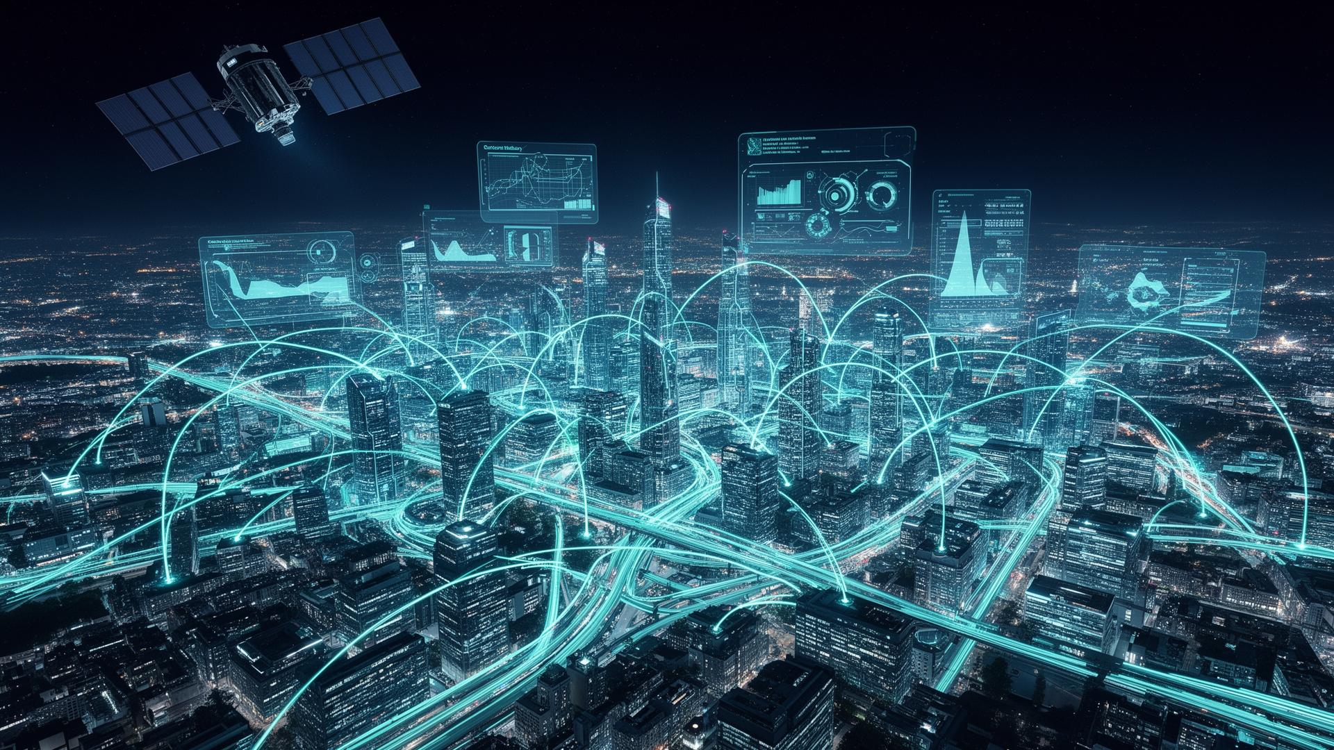 Orbital view of a connected European metropolis at night, luminous networks and holographic data overlaid