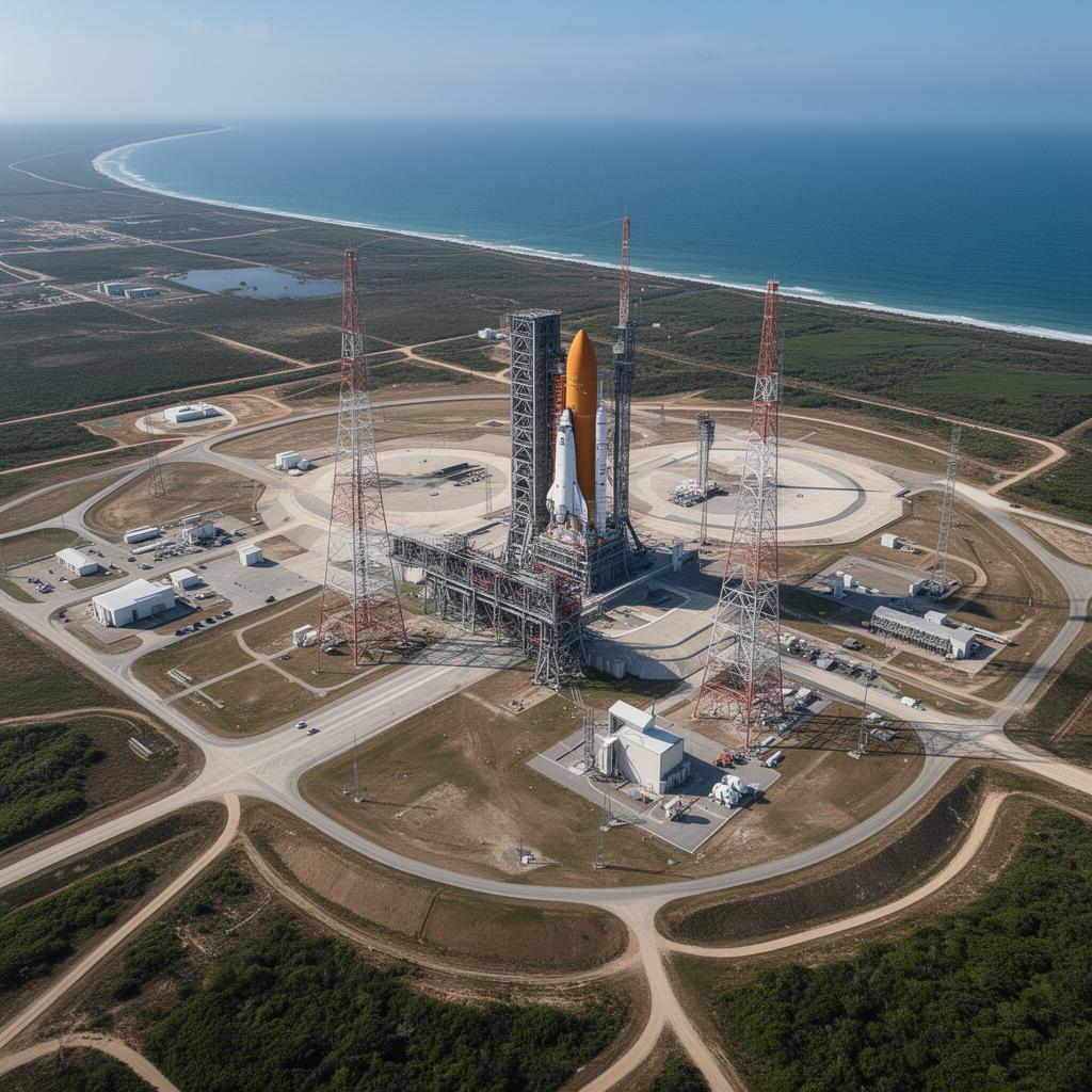 Space launch site observed from space with data layers