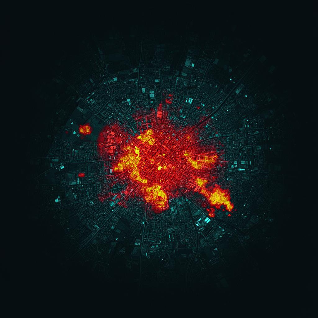 Satellite thermal map of a city revealing urban heat islands