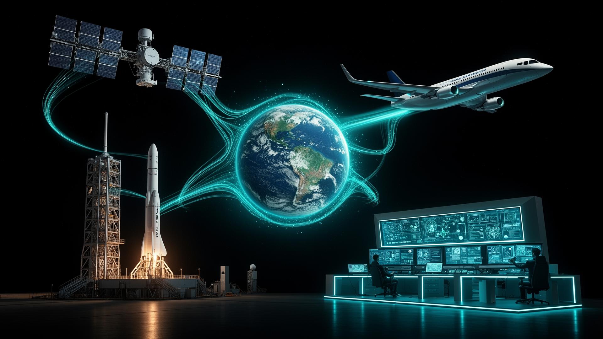 Next-generation aerospace ecosystem: satellite constellation, rocket on its launch pad, aircraft in flight, control centre and Earth seen from space linked by data flows