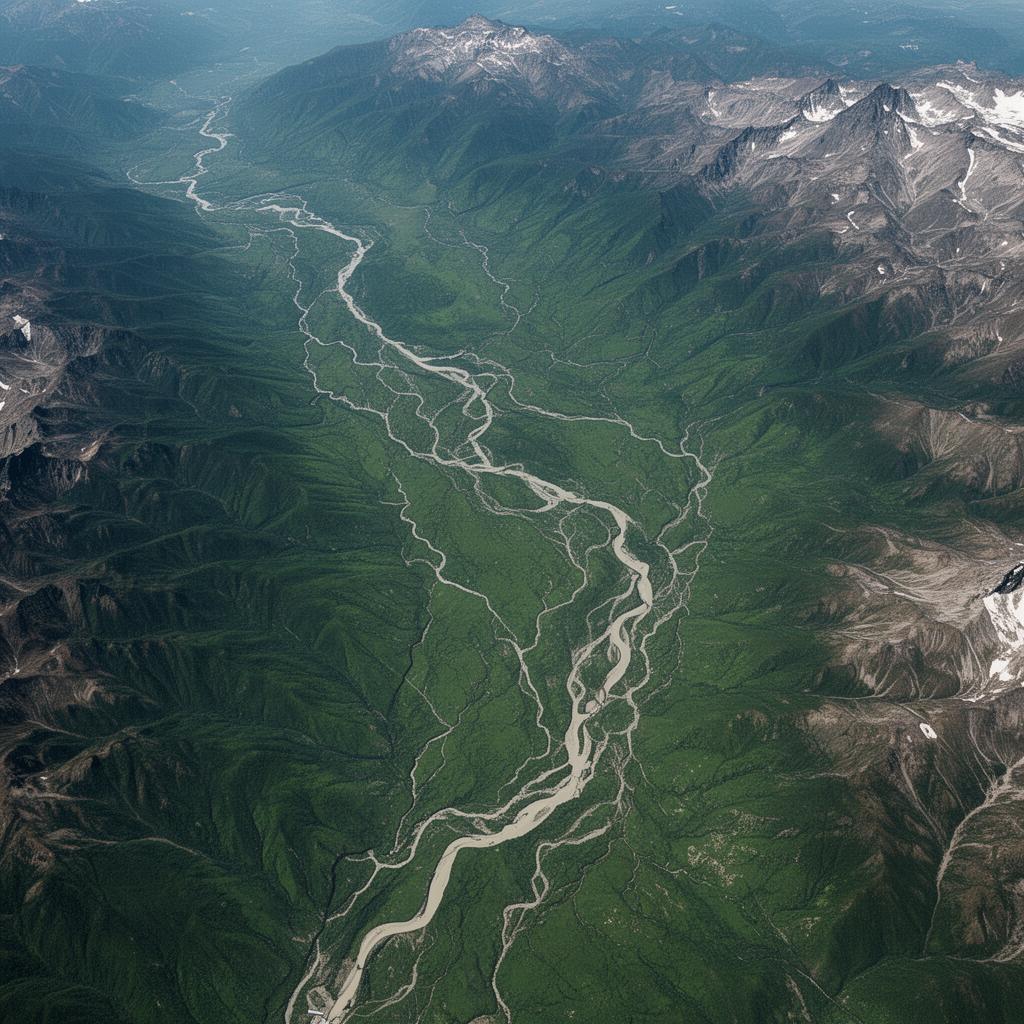 Bassin versant observé depuis l'espace avec flux hydrologiques et précipitations analysés