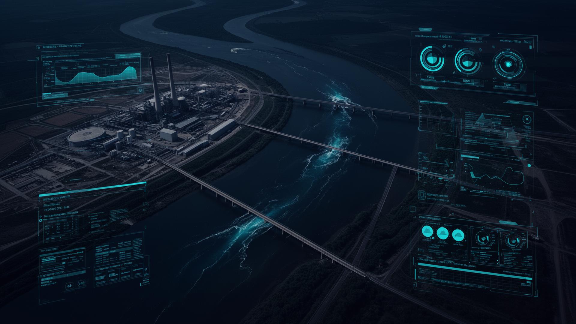 Cours d'eau et infrastructures de refroidissement d'un site énergétique vus depuis l'orbite