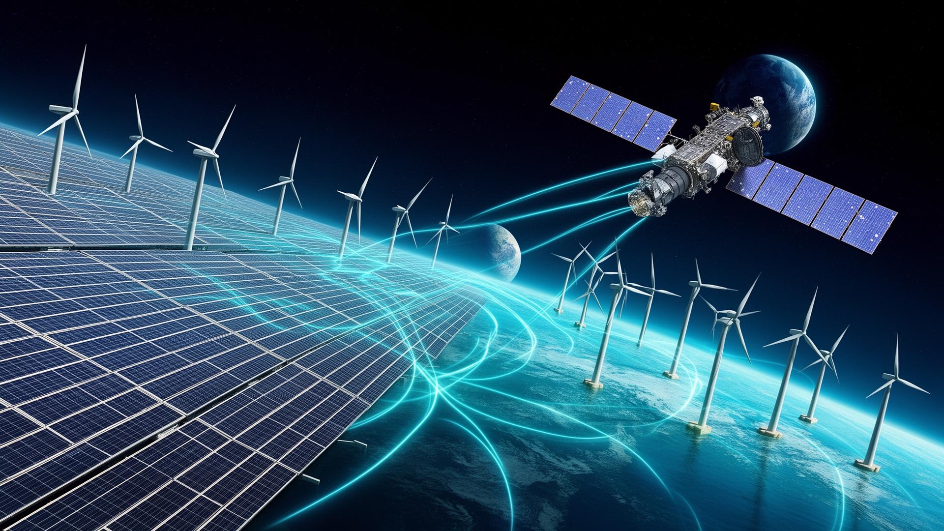 Solar and wind farms connected by satellite data flows, observation satellite in orbit around Earth