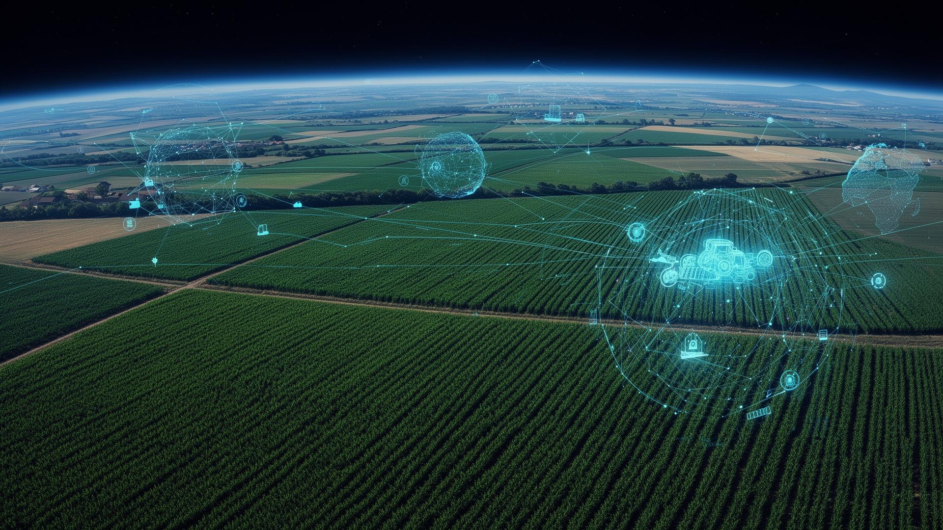 Grandes parcelles agricoles vues depuis l'espace avec analyses de végétation et satellite en orbite