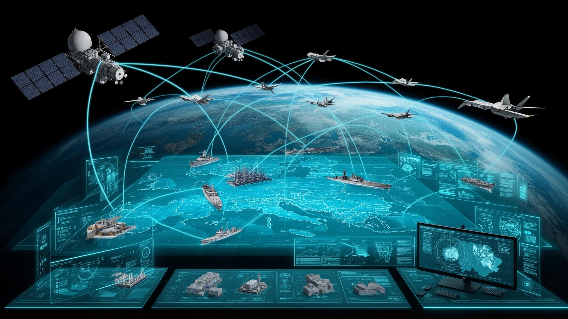 Centre de commandement de défense européen connecté à une constellation de satellites, Terre vue depuis l'orbite et infrastructures critiques surveillées