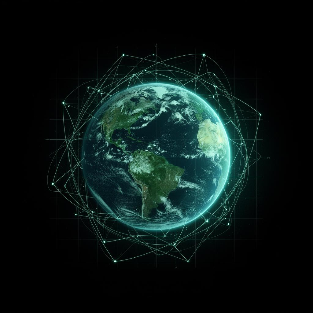 La Terre vue de l'orbite entourée d'un réseau de constellations satellites reliant les données spatiales aux secteurs économiques